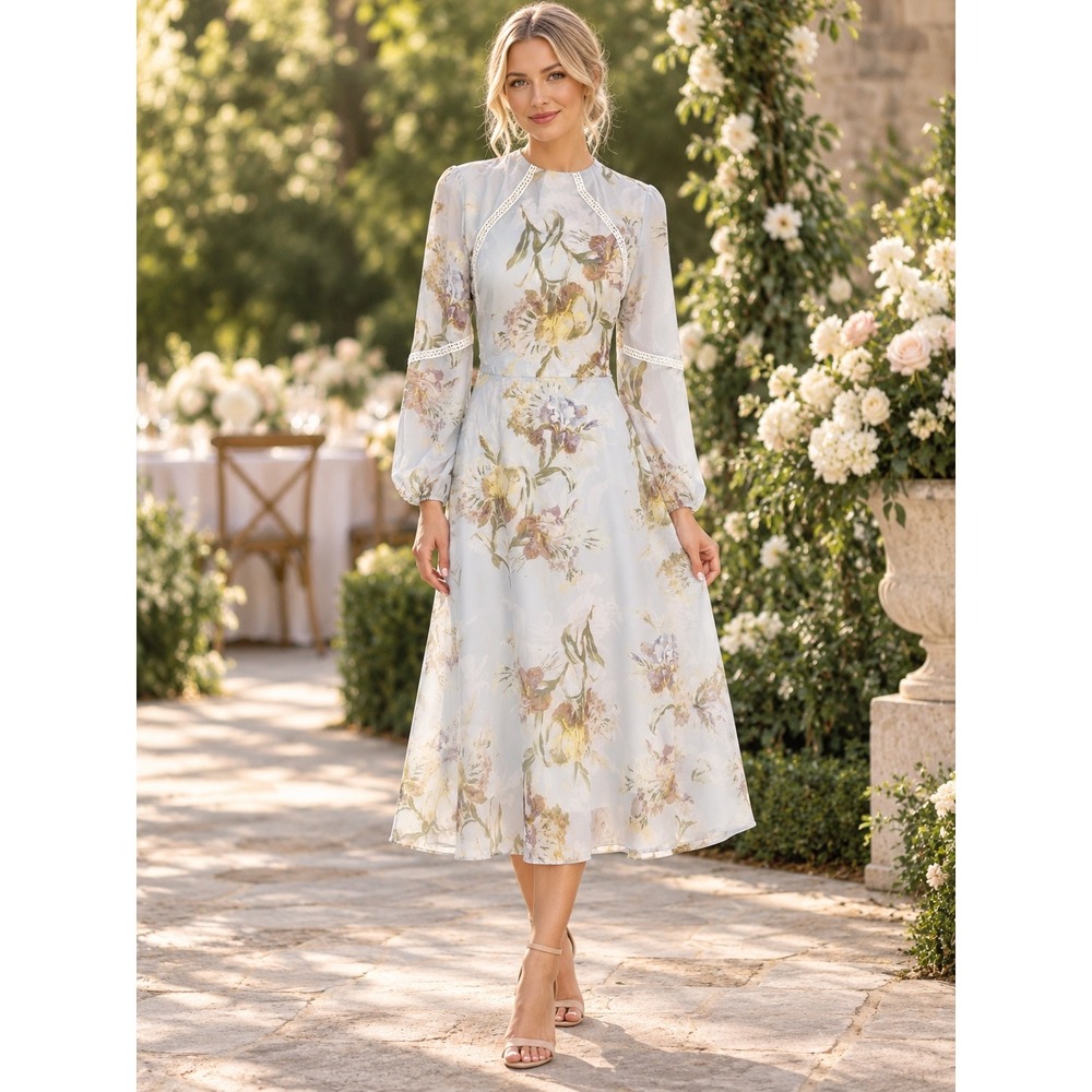 Hope & Ivy Victorian Regency Floral Ruffle Midi Dress Size 10 Feminine Romantic